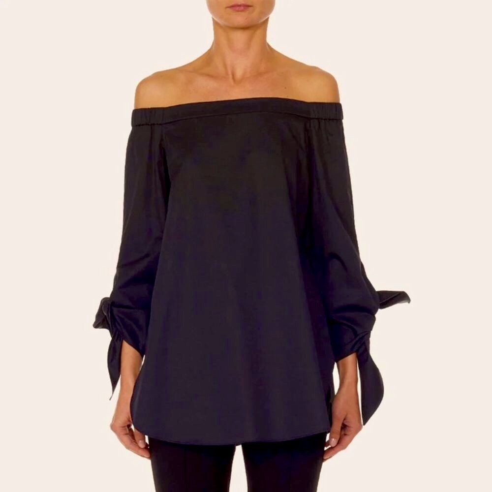 Sz 0 Tibi Black Off the Shoulder Tunic Shirt with Tie Sleeves
